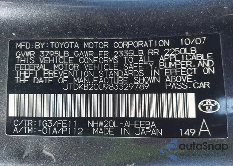 2008 Toyota Prius из США, поврежденный, VIN JTDKB20U983329789